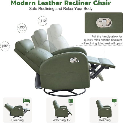 Swivel Rocker Recliner, Faux Leather Rocking Recliner Chair with Manual Adjustable Footrest, Reclining Chair Nursery Glider Recliners for Small Spaces, Living Room, Dark Green