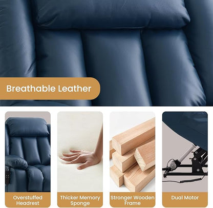 TEKAMON Power Lift Recliner Chair for Elderly with Heat & Massage, Dual Motor Breathable Leather Recliner, Lay Flat Sleeping Chairs with Infinite Position, RemoteControl(Deep Blue, Extended)