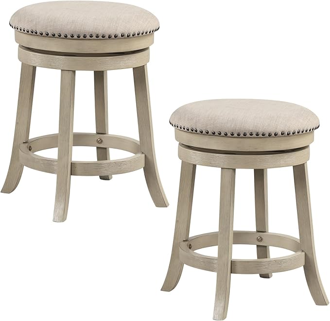 COSTWAY 360° Swivel Bar Stools Set of 2, 24-inch Height Upholstered Round Barstools with Wooden Frame, Seat and Footrest, Backless Solid Wood Counter Stools for Kitchen Island Bistro Pub, Beige
