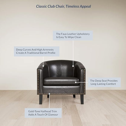 BELLEZE Accent Barrel Chair, Set of 2 Modern Faux Leather Tub Club Chair Upholstered Armchair with Gold Nail Head Trim and Black Legs for Living Room Bedroom Apartment Lounge - Dark Brown