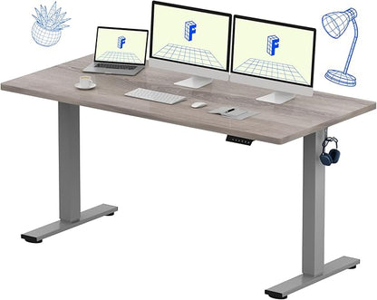 FLEXISPOT EN1 One-Piece Standing Desk 60 x 24 Inches Height Adjustable Electric Desk (Silver Frame + Grey Wood Grain Top, 2 Packages)