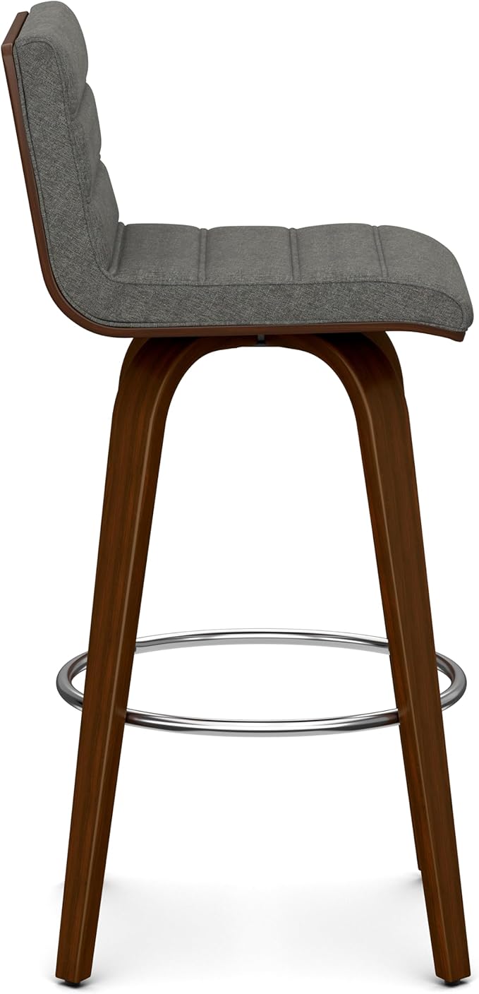 SIMPLIHOME Roland Swivel Bar Stool - 28 inch Seat Height Upholstered Wood Chair in Grey Linen Look Fabric, Mid Century Modern Seating for Kitchen or Bar with Curved Bentwood Back and Footrest