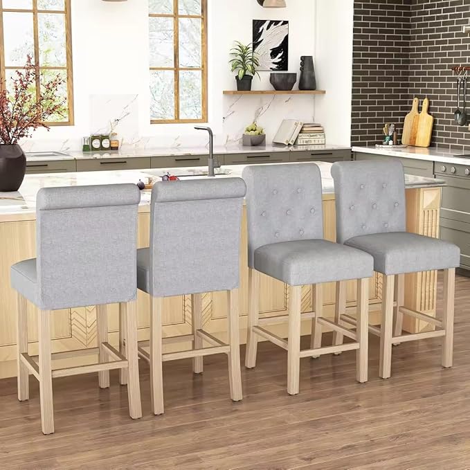 GOTMINSI 24" Bar Stools Set of 2 for Kitchen Island Upholstered Counter Height Bar Stools with Button Tufted Decoration Barstools Home Kitchen Island Wooden Bar Chairs Grey