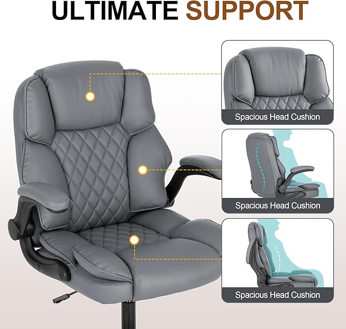 Office Desk Chair,Mid Back Executive Leather Chair,Ergonomic Home Computer Chair,Modern Conference Room Chairs with Adjustable Flip-Up Arms and Rocking Function (Grey)