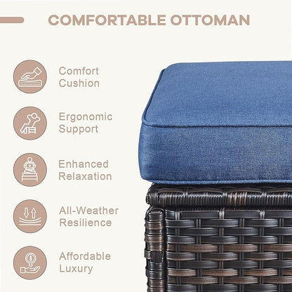 Swivel Patio Chairs sofa Set of 6 with 6" Thick Cushion - Wicker Outdoor Swivel Rocker Patio Chair ,Sofa/Glass coffee table, High Back Comfortable Outdoor Glider Chairs - Brown Wicker - Blue Cushions