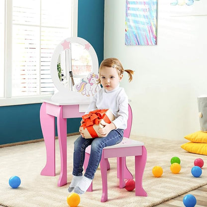 HONEY JOY Unicorn Kids Vanity, Toddler Makeup Table with Mirror and Stool, Wooden Pretend Play Vanity for Little Girls, Detachable Mirror and Storage Drawer, Kids Vanity Table and Chair Set (Pink)