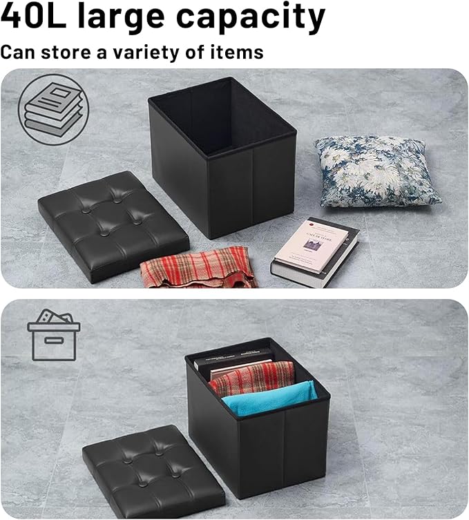 Storage Ottoman Foot Rest Stool, Small Leather Storage Ottomans Bench, Folding Footstool with Side Pockets, Foot Rest Under Desk for Living Room Bedroom, 16x12x12 in, Black 2 Pack