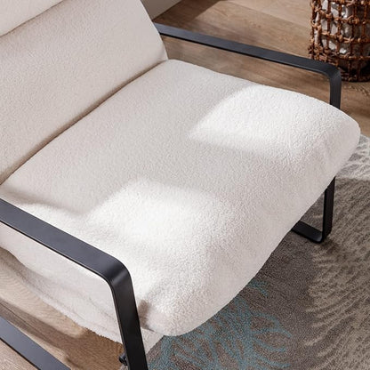 Mid-Century Accent Chair Set of 2, Comfy Sherpa Fabric Side Chair with Armrest, Upholstered Leisure Chair with Black Metal Frame for Living Room Bedroom Reception Room, White