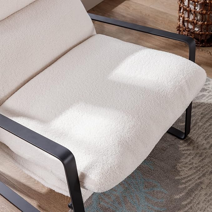Mid-Century Accent Chair, Comfy Sherpa Fabric Side Chair with Armrest, Upholstered Leisure Chair with Black Metal Frame for Living Room Bedroom Reception Room, White