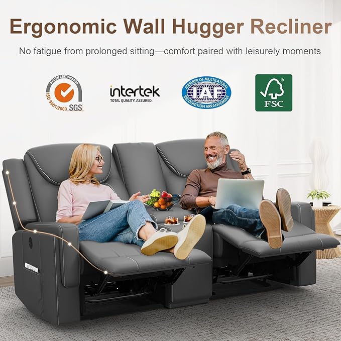 Loveseat Recliner Sofa, Gray PU Leather Double Recliner Loveseat with Console, Cup Holders, Storage & USB Ports, Ergonomics， Manual Reclining Sofa Couch for Living Room, RV