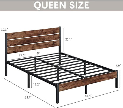 Queen Bed Frame with Headboard and Footboard, with Under Bed Storage, All-Metal Support System, No Box Spring Needed, Easy Assembly,Rustic Brown