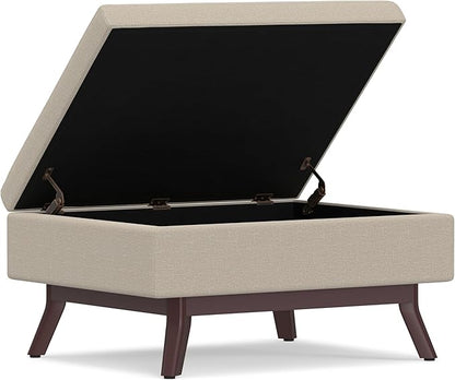 SIMPLIHOME Owen 34 inch Wide Mid Century Modern Rectangle Coffee Table Storage Ottoman in Natural Linen Look Fabric, Assembled, for the Living Room, Entryway and Family Room