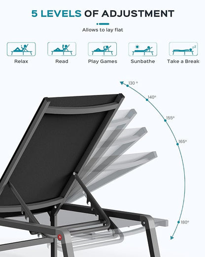 Patio Chaise Lounge Chair Set of 4, Foldable Lounge Chair for Outside, Aluminum Chairs with 5 Adjustable Backrest, Outdoor Pool Lounger for Poolside, Lawn, Patio, Black