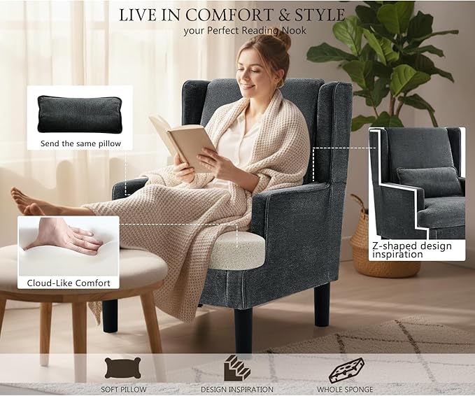 Accent Chair for Living Room Chairs Upholstered Oversized Reading Chair Armchair Accent Chairs for Living Room Chair with High Back and Wood Legs,Arm Chair Comfy Chair for Bedroom(Dark Grey)