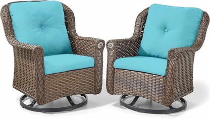 Patio Chairs Outdoor Swivel Glider - Set of 2 High Back Outside Brown Wicker Rattan Rocking Chair with Thick Cushion for Porch Apartment Deck Yard Poolside Garden - Turqoise