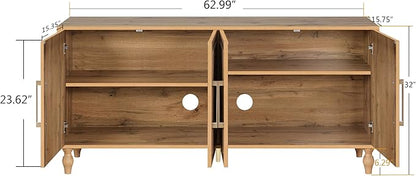 Sideboard Buffet 63" Credenzas for Living Room, Entryway Table with Storage Cabinet Natural Wood Color, Carved Flowers Doors & Cable Holes