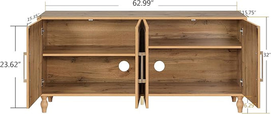 Sideboard Buffet 63" Credenzas for Living Room, Entryway Table with Storage Cabinet Natural Wood Color, Carved Flowers Doors & Cable Holes