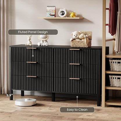55" Wide Fluted 6 Drawer Dresser for Bedroom, Wooden Dresser Modern Chest of Drawers TV Stand Dressers with Organizer Storage for Bedroom, Living Room, Entryway, Hallway, Black