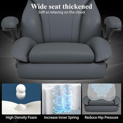 Office Desk Chair, Executive Leather Office Chair, High Back Ergonomic Home Desk Chair with Padded Flip-up Arms, Big and Tall Computer Chair with Rocking Function, 360°Swivel Free, Gray