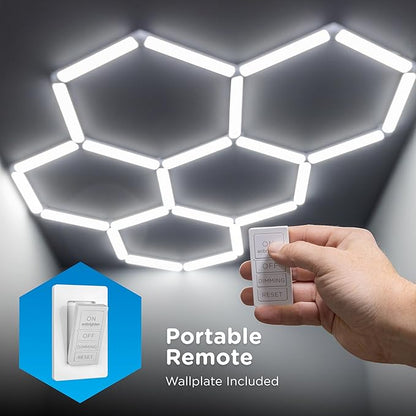 Enbrighten Ultrabrite Hexagon Garage Lights, 24 Pack, 5 Hex, 24,000lm, Dimmable with Remote, LED Ceiling Light for Car Detailing, Shop Lighting, Gym Decor, Man Cave, ETL Safety Certified, 85837