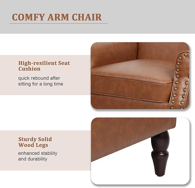 Accent Chair, Mid Century Modern Faux Leather Arm Chair with Wood Leg for Living Room, Bedroom, Comfy PU Leather Club Reading Chairs with Wingback & Nailhead Trim (Leather Brown, Set of 2)