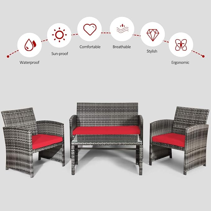 COSTWAY Patio Furniture Set 4 Pieces, Outdoor Wicker Chairs Sofa w/Coffee Table and Soft Cushions, Rattan Conversation Sets for Patio Lawn Backyard Yard Pool Garden, Red
