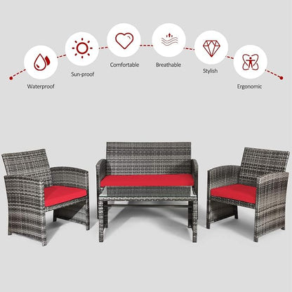 COSTWAY Patio Furniture Set 4 Pieces, Outdoor Wicker Chairs Sofa w/Coffee Table and Soft Cushions, Rattan Conversation Sets for Patio Lawn Backyard Yard Pool Garden, Red