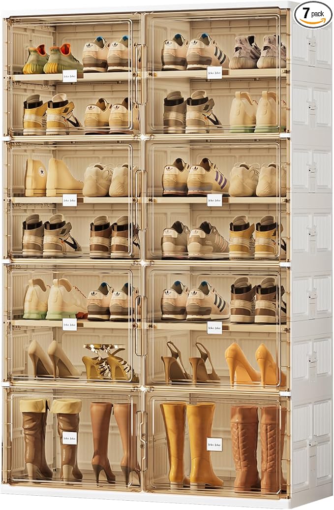 JEKO&JEKO 7 Tiers Foldable Boot and Shoe Storage Rack Cabinet for Closet Entryway, Large Collapsible Shoe Organizer with Magnetic Doors (White)