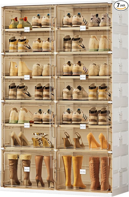JEKO&JEKO 7 Tiers Foldable Boot and Shoe Storage Rack Cabinet for Closet Entryway, Large Collapsible Shoe Organizer with Magnetic Doors (White)