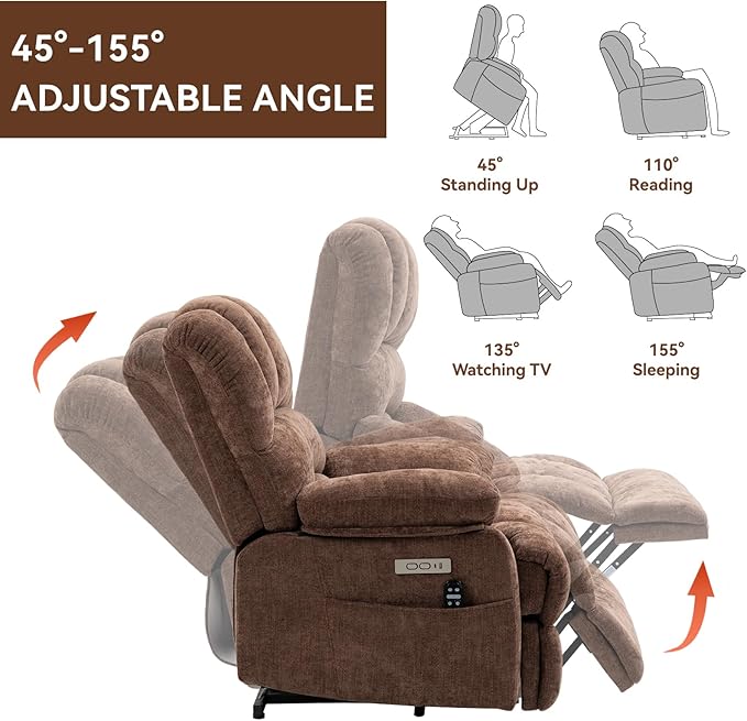 Power Lift Recliner Chair for Elderly with Heat Function, 8 Node Massage with 3 Modes, Silent Operation, Oversized Electric Lift Recliner Single Sofa for Living Room with USB Charging, Brown