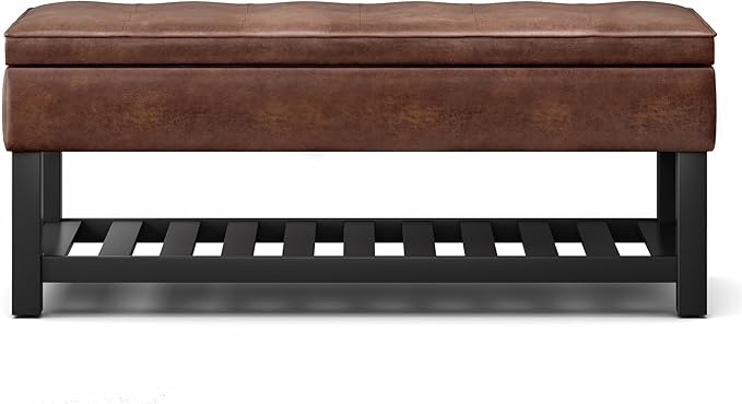 SIMPLIHOME Cosmopolitan 44 inch Wide Transitional Rectangle Storage Ottoman Bench with Open Bottom in Distressed Saddle Brown Vegan Faux Leather, Assembled for the Living Room and Bedroom