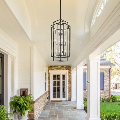 High Ceiling Entryway Chandelier: 12-Light Farmhouse Lantern Chandelier, Industrial Large Pendant Light Fixtures, Foyer Chandeliers for High Ceilings, for Entry, Staircase, Hallway (Black & Silver)