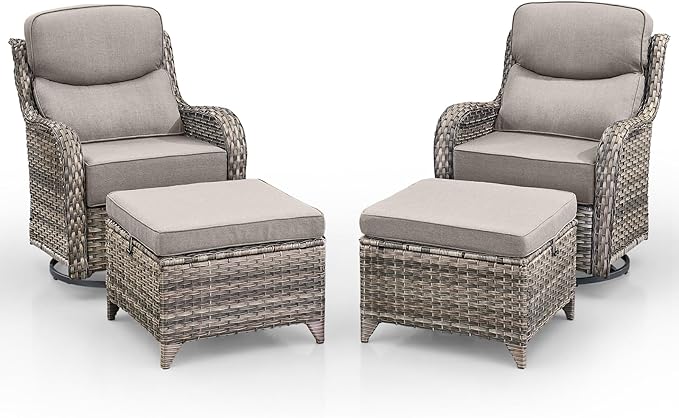Swivel Patio Chairs Sofa Set of 4 with 6" Thick Cushion - Wicker Outdoor Swivel Rocker Patio Chair with Side Table, High Back Comfortable Outdoor Glider Chairs Grey Wicker Grey Cushions
