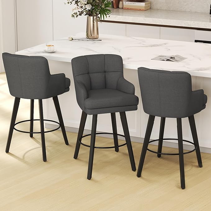 360°Swivel Counter Height Bar Stools with Back, 30 inch Solid Wood Legs, Bar Stool Modern Kitchen Island Chairs, Fabric (Black Grey- Fabric, 30" H- Set of 3)