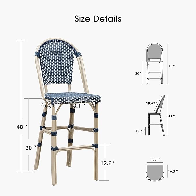 PURPLE LEAF French Bar Stool Set of 2 White Print Finish Patio Bar Stools with Back Rattan Chairs Wicker Bar Height Stool 30" with Footrest Kitchen Island Stools Outdoor Barstool Royal Blue