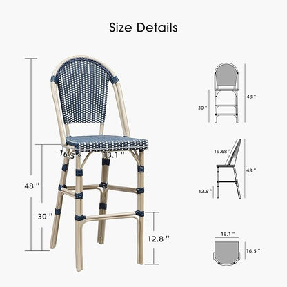 PURPLE LEAF French Bar Stool Set of 2 White Print Finish Patio Bar Stools with Back Rattan Chairs Wicker Bar Height Stool 30" with Footrest Kitchen Island Stools Outdoor Barstool Royal Blue