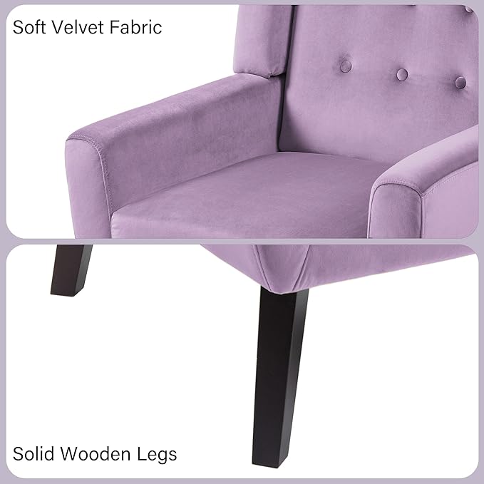 Accent Chair, Mid-Century Modern Velvet Fabric Chairs with Arms for Living Room, Comfy Upholstered Club Single Sofa Armchair for Bedroom Waiting Room with Solid Wood Frame (Velvet Purple, Set of 1)