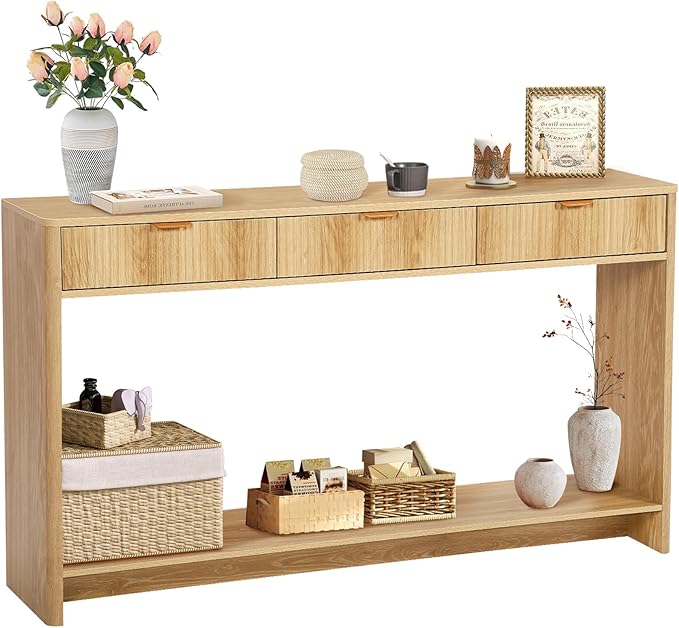 Entryway Table with Storage, Narrow Console Table with 3 Drawers, 55.12' Couch Table Behind Sofa Long for Living Room TV, Hallway Entrance Foyer, Mid Century Modern Boho Fluted Console Table