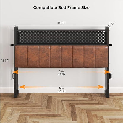 VINGLI Full Size Headboard Only, Adjustable Upholstered Headboard with 2 Tier Shelves and Pegboard with Charging Stations and LED Lights, Modern Bed Headboard with Storage for Bedroom Decor