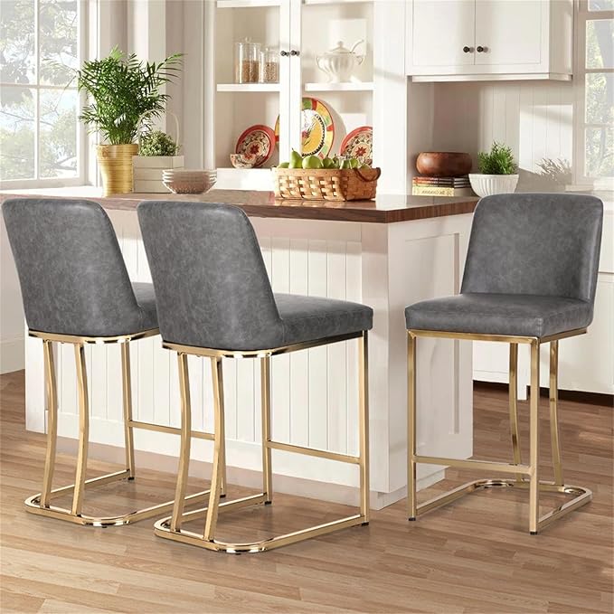 Sophia & William Counter Height Bar Stools Set of 3, Modern PU Leather Kitchen Island Stools,Gold Polished Bar Chairs,Grey & Gold