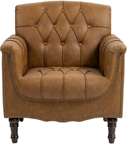 UIXE Faux Leather Accent Chairs Set of 2, Comfy Club Chair Upholstered Armchair for Living Room, Button Tufted Arm Chair Retro Single Sofa Side Reding Seat for Bedroom - Camel