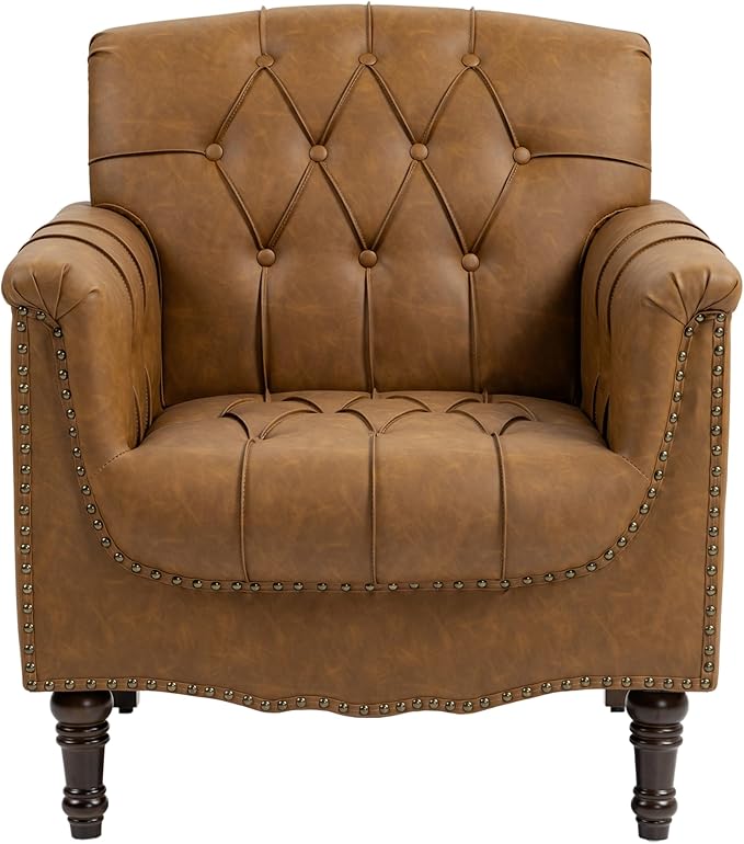 UIXE Faux Leather Accent Chair for Living Room, Upholstered Retro Armchair Tufted Club Arm Chair Single Sofa Lounge Bedroom Side Reading Seating with Solid Wood Legs, Camel