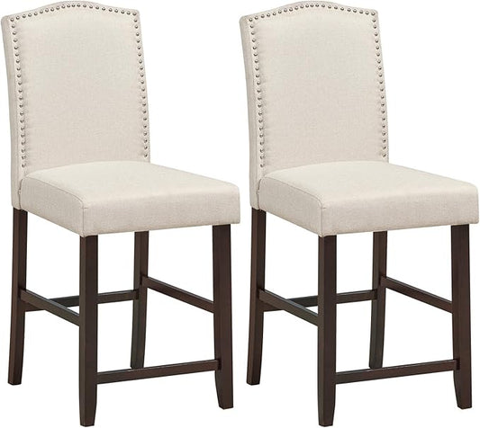 COSTWAY Bar Stools Set of 2, 25'' Upholstered Counter Height Bar Stools with S-Shaped Spring Thick Cushion, Rubber Wood Legs, High Back Leisure Chairs for Living, Kitchen, Dining Room (Beige, 2)