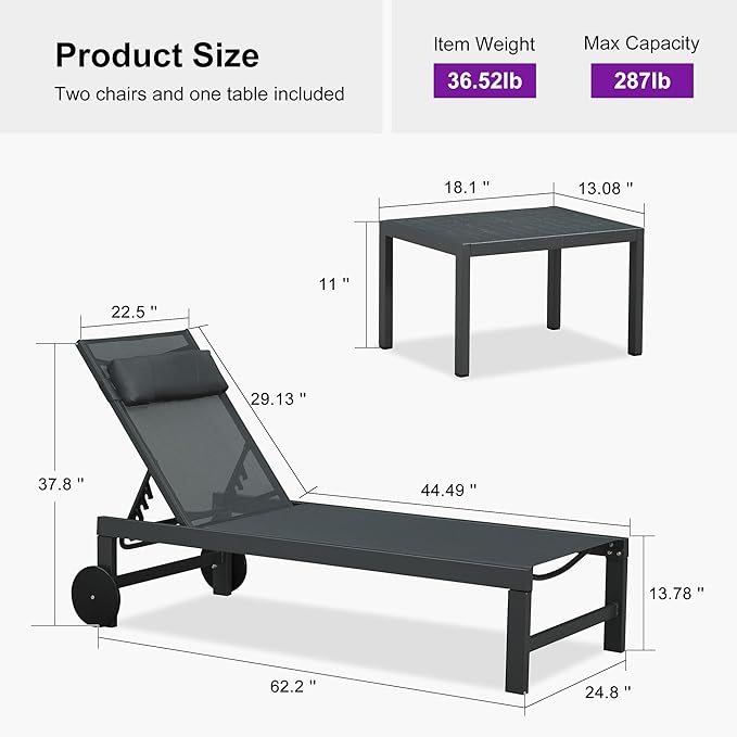 PURPLE LEAF Patio Lounge Chair Set of 3 Outdoor Chaise Lounger Aluminum Frame with Side Table and Wheels for Pool Outside Sunbathing Tanning Recliner Including Pillows Gray