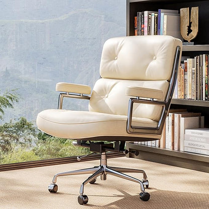 Genuine Leather Office Chair, Mid Back Executive Desk Chairs with Aluminum Arms and Wheels, Swivel Office Leather Chair with Thickened Backrest and Ergonomic Lumbar Support, White