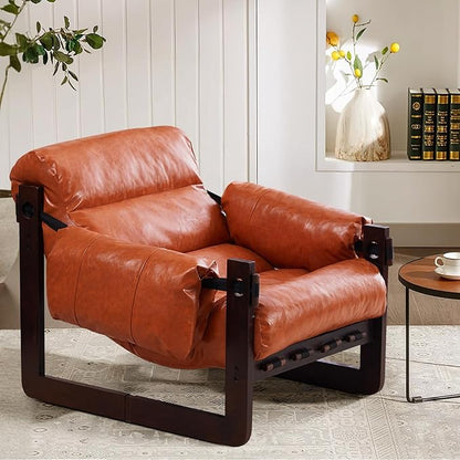Furnilivng Modern Lounge Accent Chair, Comfortable Oil Waxed Leather Arm Chair with Sturdy Wood Frame, Upholstered Cozy Sofa Chair for Living Room, Bedroom, Dressing Room, Home Office, Retro Orange