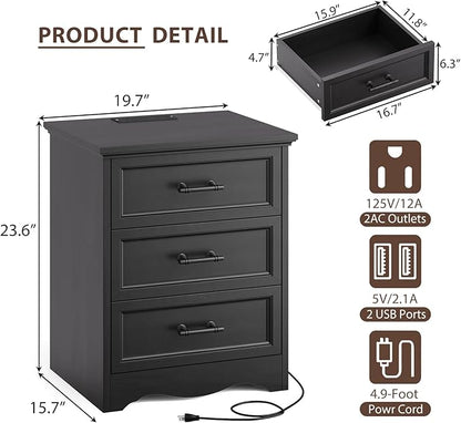 Black Nightstand with Charging Station, 19.7" Farmhouse End Table with 3 Drawers Storage, Bedside Table with Brushed Metal Handles, Unique Base Design, 3 Drawer Dresser for Bedroom, Living Room