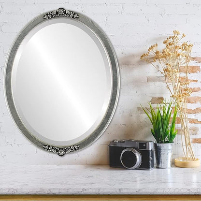 OVALCREST Oval Beveled Wall Mirror for Home Decor - Athena Style - Silver Leaf with Black Antique - 26" x 22" Outside Dimensions