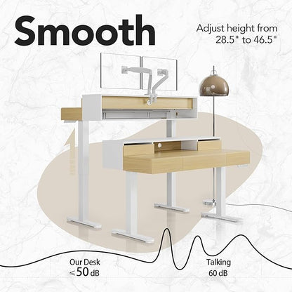 HUANUO Electric Standing Desk with Drawers, 48 Inches Height Adjustable Stand Up Desk with Monitor Shelf, Whole-Piece Board Computer Workstation with 4 Memory Height Settings, Light Walnut
