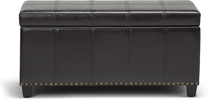 SIMPLIHOME Amelia 33 inch Wide Transitional Rectangle Storage Ottoman Bench in Tanners Brown Vegan Faux Leather, Assembled, For the Living Room, Entryway and Family Room